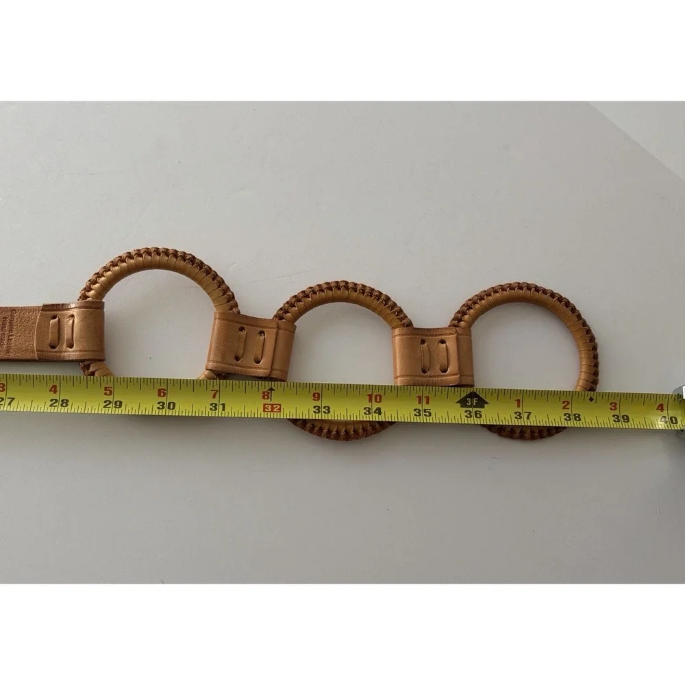 Linea Pelle Leather Triple Ring Belt Tan Woven Leather Sz M BOHO Festival‎